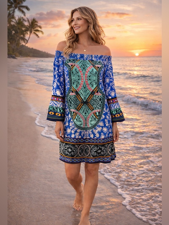 Diamond Girl Dresses & Skirts - Boho Off Shoulder Shift Dress Small Blue Pink Tribal Print Bell Sleeve Lined
